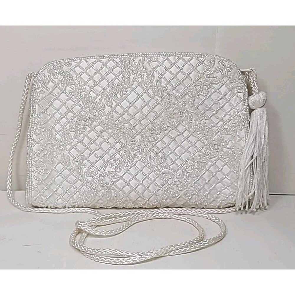 Vtg Carla Marchi White Ivory Sparkling Hand Beaded Shoulder/Clutch Evening Bag
